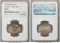 Saxony. Friedrich August III 2 Mark 1909 MS67 NGC, KM1268. 500th Annivesary of Leipzig University. One year type, deeply toned in olive-gray and blue....