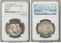 Württemberg. Wilhelm II "Wedding Anniversary" 3 Mark 1911-F MS67+ NGC, Stuttgart mint, KM636, J-177a. Low bar variety. Issued for the Silver Wedding A...