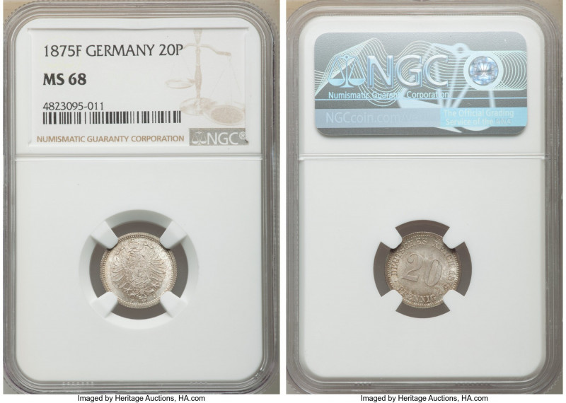 Wilhelm I 20 Pfennig 1875-F MS68 NGC, Stuttgart mint, KM5. Taupe-gray toning, fr...