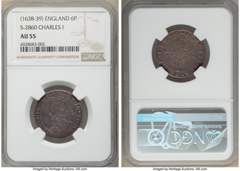 Charles I 6 Pence ND (1638-1639) AU55 NGC, Tower mint, Anchor, Anchor and Mullet...