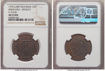 Middlesex. Spence's copper "End of Pain" 1/2 Penny Token 1793 AU53 Brown NGC, D&H-833A. Plain edge. END OF PAIN man hanging on a gibbet, church behind...