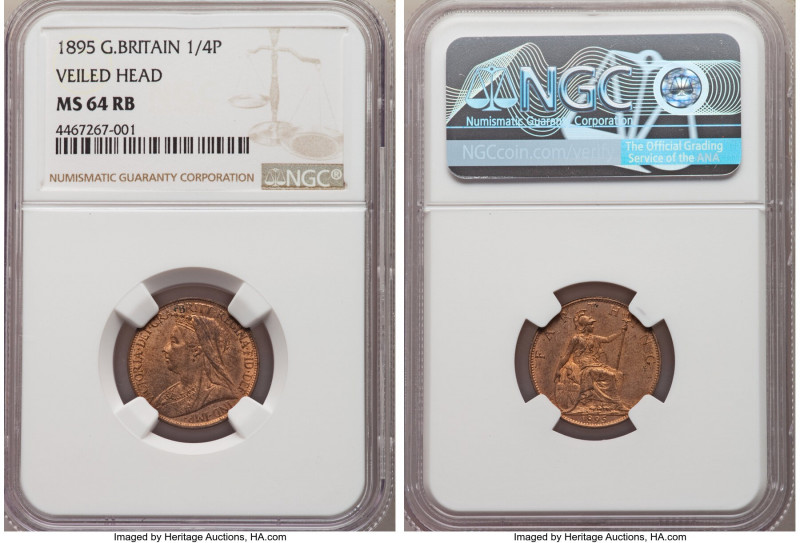 Victoria Farthing 1895 MS64 Red and Brown NGC, KM788.1, S-3963. Veiled head type...