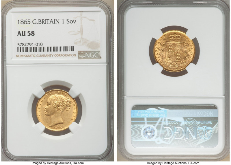 Victoria gold Sovereign 1865 AU58 NGC, KM736.2, S-3853. Die # 14. AGW 0.2355 oz....