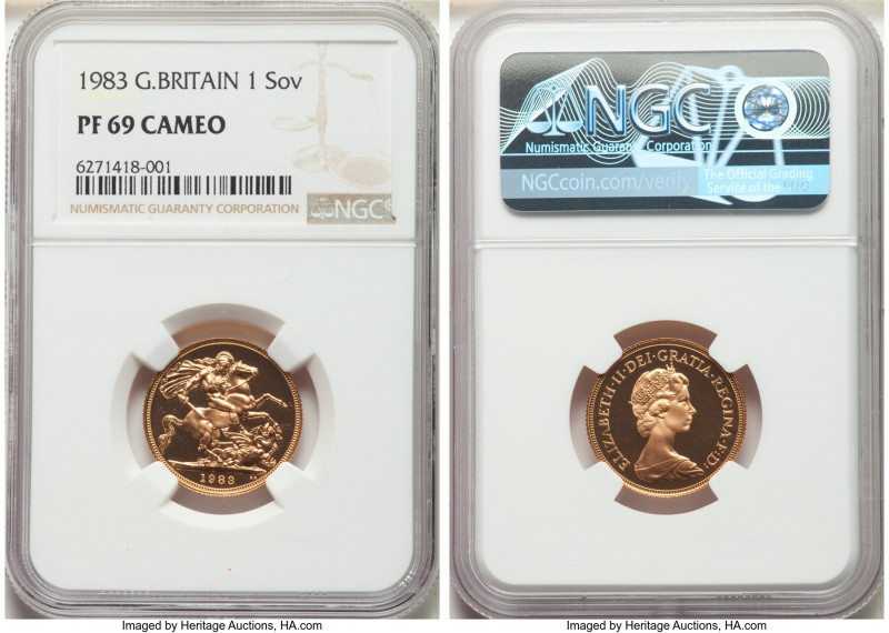 Elizabeth II gold Proof Sovereign 1983 PR69 Cameo NGC, KM919. AGW 0.2355 oz. 
...