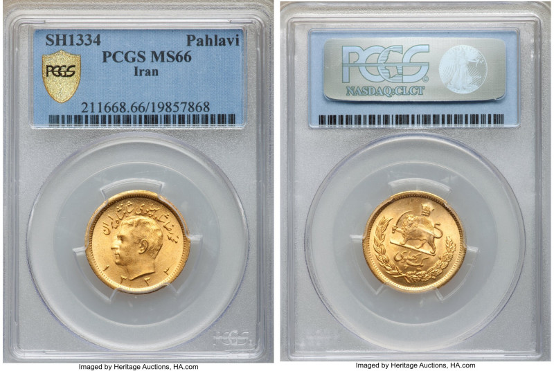 Muhammad Reza Pahlavi gold Pahlavi SH 1334 (1955) MS66 PCGS, KM1162. Dijon color...