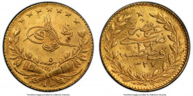 Ottoman Empire. Mehmed V gold 25 Kurush AH 1327 Year 5 (1913/1914) MS64 PCGS, Constantinople mint (in Turkey), KM752. AGW 0.0532 oz. 

HID0980124201...