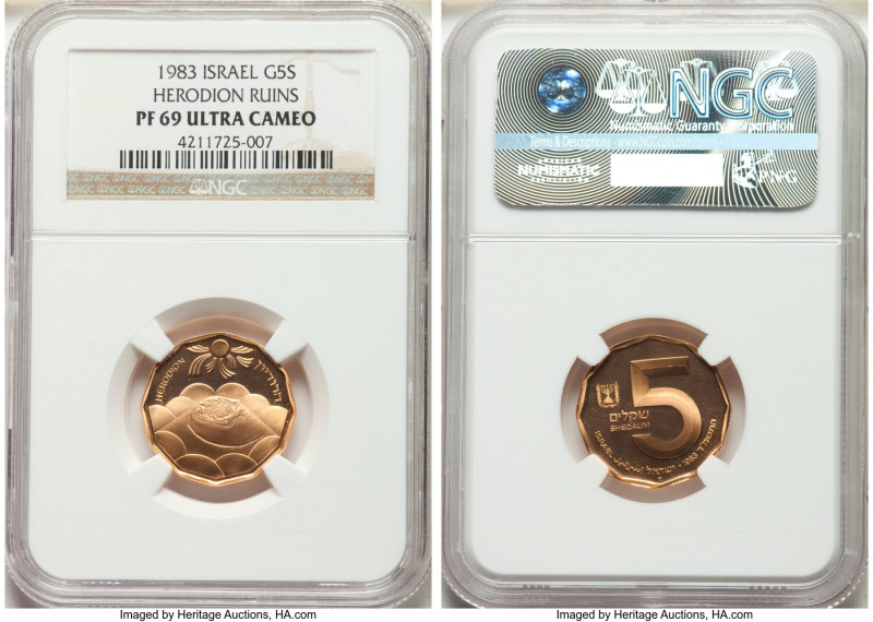 Republic gold Proof 5 Sheqalim JE 5744 (1983)-(d) PR69 Ultra Cameo NGC, Munich m...