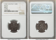 Milan. Republic Ambrosino ND (1250-1310) AU53 NGC, Biaggi-1427, CNI-10/22. 2.89gm. MEDIOLANVN Cross with trefoils in angles surrounded by beaded circl...