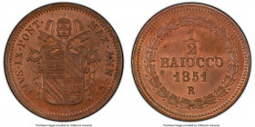 Papal States. Pius IX Proof 1/2 Baiocco Anno V (1851)-R PR65 Brown PCGS, Rome mint, KM1355. Residual red in recessed areas.. 

HID09801242017

© 2...
