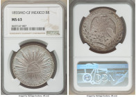 Republic 8 Reales 1855 Mo-GF MS63 NGC, Mexico City mint, KM377.10, DP-Mo41. Subdued lustrous fields draped in pastel sky-blue, rose and smoky-gray ton...