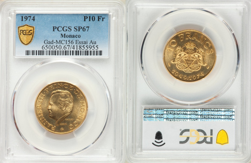 Rainier III gold Essai Specimen 10 Francs 1974-(a) SP67 PCGS, Paris mint, KM-E65...