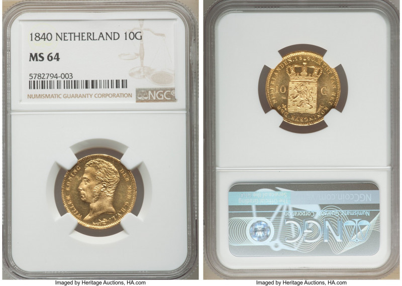 Willem I gold 10 Gulden 1840 MS64 NGC, Utrecht mint, KM56, Fr-327. Flashy fields...