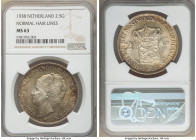Wilhelmina 2-1/2 Gulden 1938 MS63 NGC, Utrecht mint, KM165. Normal hair lines variety. 

HID09801242017

© 2020 Heritage Auctions | All Rights Res...