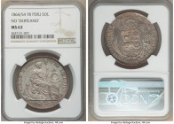 Republic Sol 1864/54-YB MS63 NGC, Lima mint, KM196.1. No DERTEANO on bottom row of coins falling from cornucopia. Multiple shades of cotton-candy toni...