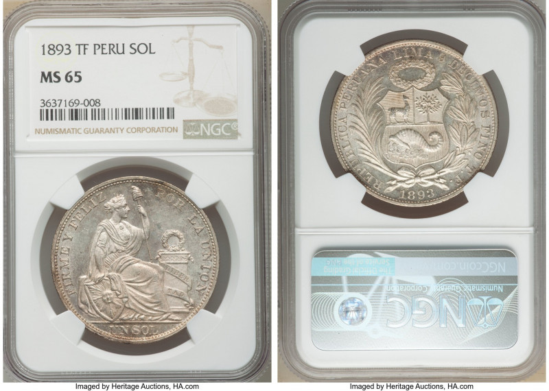 Republic Sol 1893-TF MS65 NGC, Lima mint, KM196.26. Semi-Prooflike fields, light...