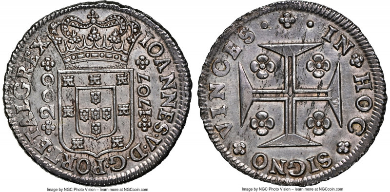 João V 200 Reis 1707 MS62 NGC, Lisbon mint, KM181. Scarce semi-key date and firs...