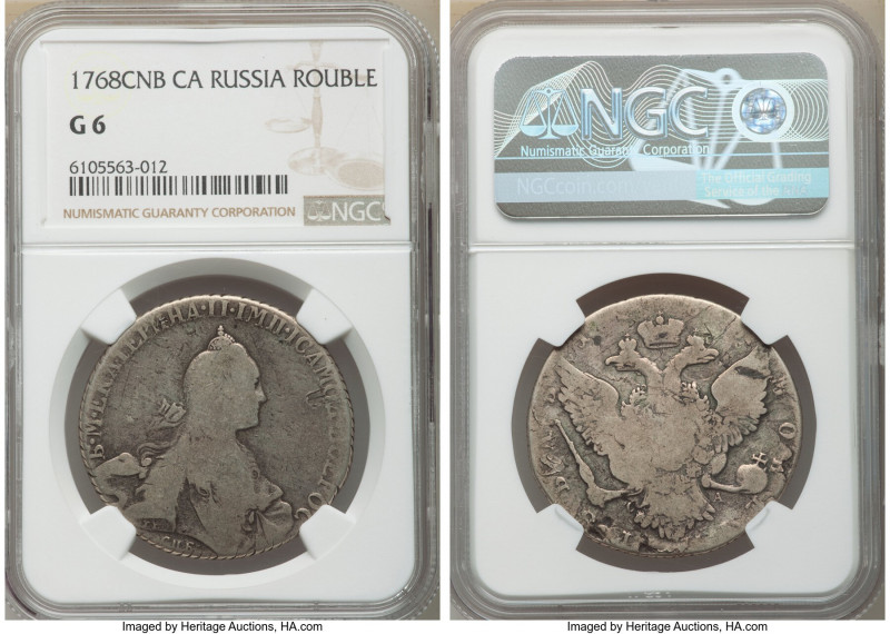 Catherine II Rouble 1768 CПБ-CA G6 NGC, St. Petersburg mint, KM-C67a.2.

HID09...