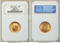 Nicholas II gold 10 Roubles 1903-AP MS65 NGC, St. Petersburg mint, KM-Y64. Cartwheel luster and deep antiqued golden color. AGW 0.2489 oz. 

HID0980...