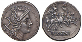 MONETE ROMANE REPUBBLICANE Anonime - Denario (dopo il 211 a.C.) Testa di Roma a d. - R/ I Dioscuri a cavallo a d., sotto, ROMA in rilievo - B. 2; Cr. ...