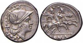 Anonime con simboli - Denario (211-170 a.C.) Testa di Roma a d. - R/ I Dioscuri a cavallo a d., sotto, ROMA in rilievo - B. 2; Cr. 44/5 AG (g 3,98) Sc...