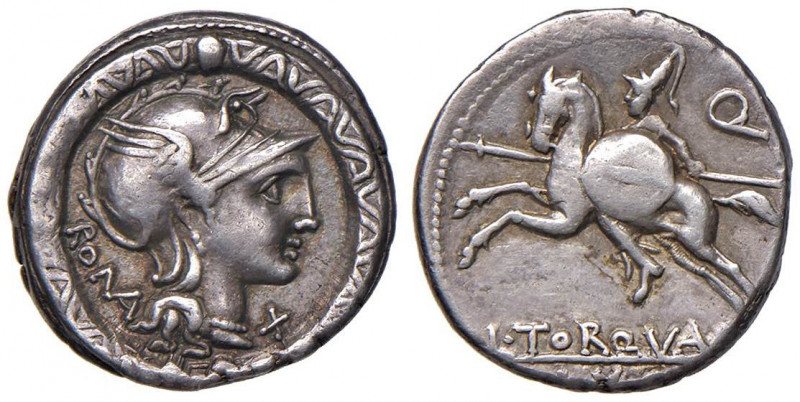 Manlia - L. Manlius Torquatus - Denario (113-112 a.C.) Busto di Roma a d. entro ...
