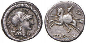 Manlia - L. Manlius Torquatus - Denario (113-112 a.C.) Busto di Roma a d. entro torques - R/ Cavaliere con lancia e scudo a s. - B. 2; Cr. 295/1 AG (g...