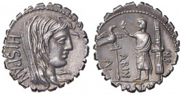 Postumia - A. Albinus Sp. f. - Denario (96 a.C.) Testa di Diana a d. - R/ Scena di sacrificio con personaggio indicante un toro - B. 7; Cr. 372/1 AG (...