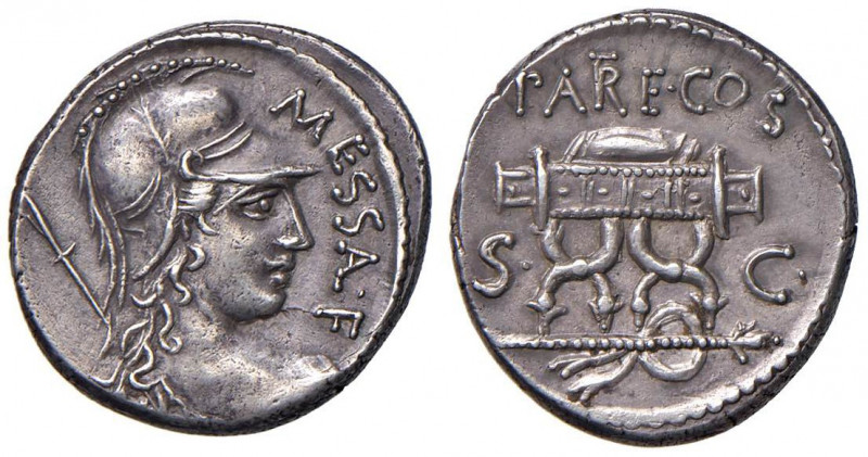 Valeria - M. Valerius Messalla - Denario (53 a.C.) Busto elmato di Roma a d. - R...