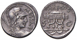 Valeria - M. Valerius Messalla - Denario (53 a.C.) Busto elmato di Roma a d. - R/ Sedia curule - B. 13; Cr. 35/1 AG (g 4,10) RR Ex NAC, 1, lotto 712
...