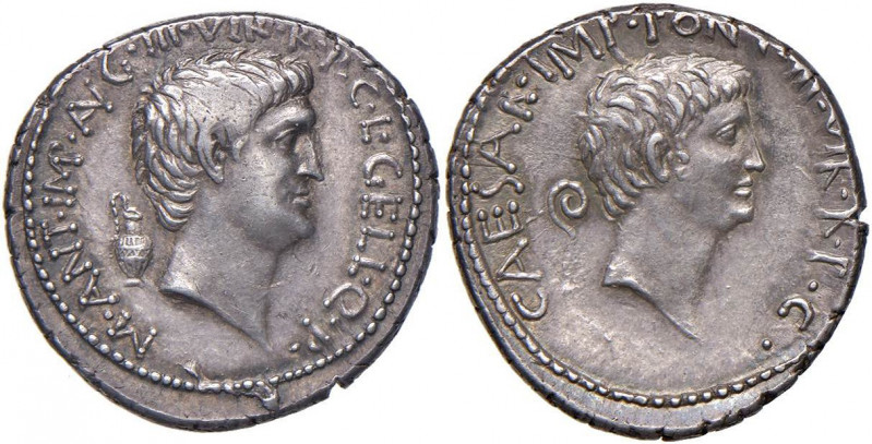 Marco Antonio e Ottaviano - Denario (42 a.C.) Testa a d. - R/ Testa di Ottaviano...