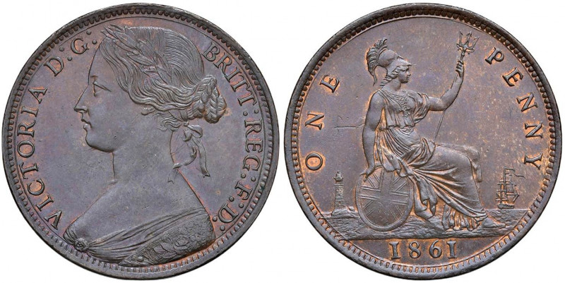 INGHILTERRA Vittoria (1837-1901) Penny 1861 senza firme, 15 foglie - KM 749.2 CU...