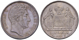 MONACO Honoré V (1819-1841) 5 Franchi 1837 - KM 96; Gad. MC107 AG (g 24,99) R Minimo colpetto al bordo

 

SPL
