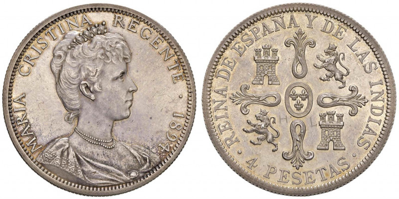 SPAGNA Maria Cristina reggente - 4 Pesetas 1894 prova in argento di Reginald Hut...