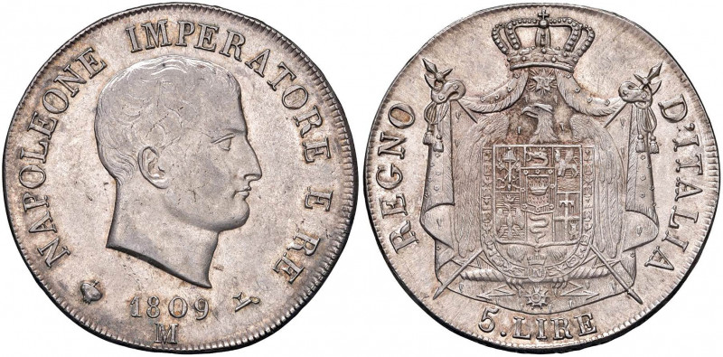 Napoleone (1805-1814) Milano - 5 Lire 1809 Bordo in rilievo, puntali aguzzi - Gi...