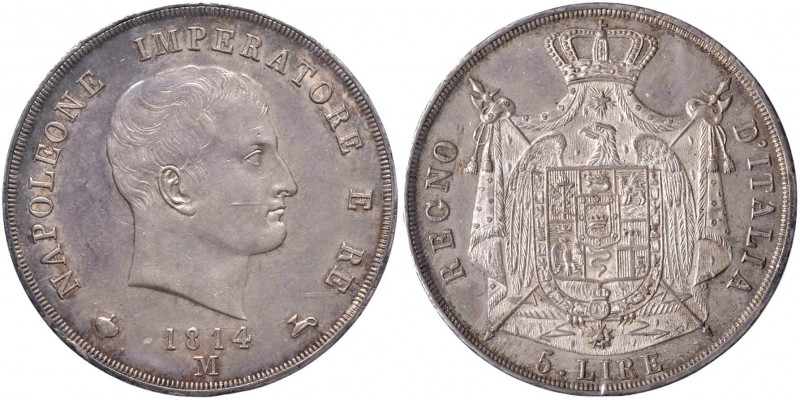 Napoleone (1805-1814) Milano - 5 Lire 1814 Puntali sagomati - Gig. 124 AG Sigill...
