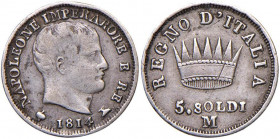 Napoleone (1805-1814) Milano - 5 Soldi 1814 con la variante IMPERARORE - Gig. 196a (indicato R/5, senza valutazioni per alcun grado di conservazione!)...