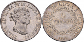 LUCCA Elisa Bonaparte e Felice Baciocchi (1805-1814) 5 Franchi 1807 - MIR 244/3 AG (g 24,94)

 

qFDC