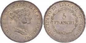 LUCCA Elisa Bonaparte e Felice Baciocchi (1805-1814) 5 Franchi 1808 - MIR 244/4 AG (g 24,99) R Conservazione eccezionale

 

FDC