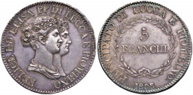LUCCA Elisa Bonaparte e Felice Baciocchi (1805-1814) 5 Franchi 1808 Busti diversi - MIR 244/4 AG (g 24,94) R 

 

SPL+