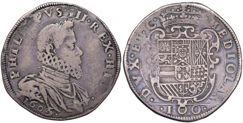 MILANO Filippo III (1598-1621) Denaro da 100 Soldi 1605 - MIR 353/2 AG (g 27,23)...