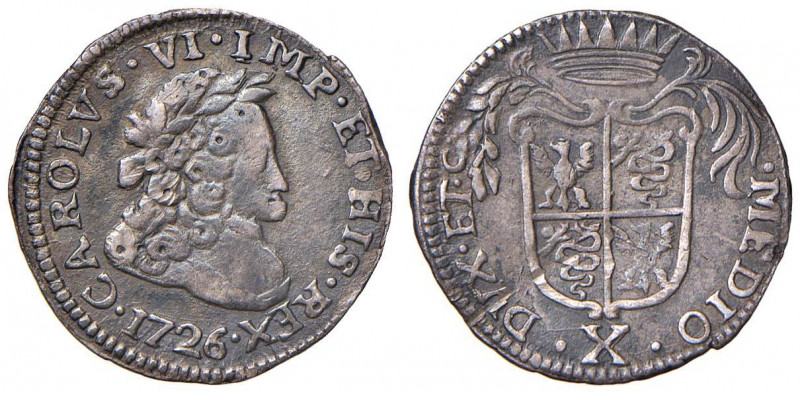 MILANO Carlo III (1706-1740) 20 Soldi 1726 - MIR 414/5 AG (g 1,89) RR Lieve ondu...
