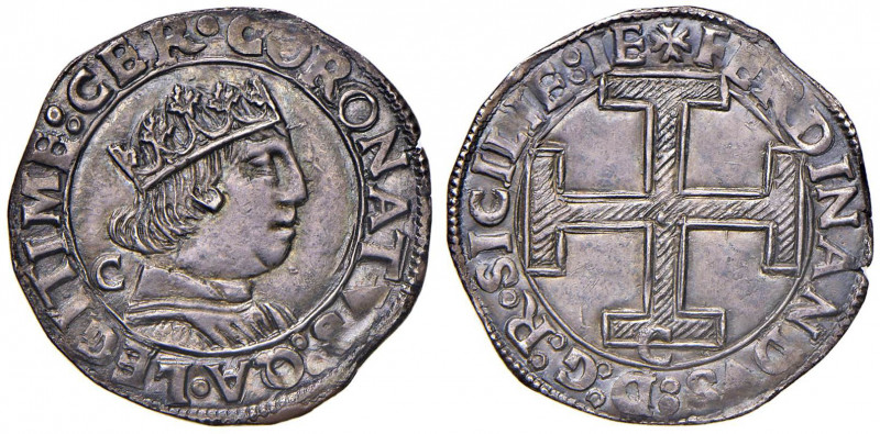NAPOLI Ferdinando I d’Aragona (1458-1494) Coronato sigla C - MIR 68/16 AG (g 3,8...
