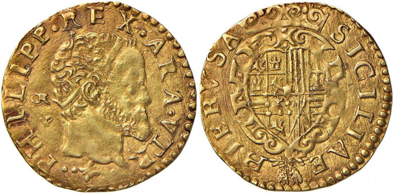 NAPOLI Filippo II (1516-1556) Scudo d’oro sigla GR VP - Magliocca 6 AU (g 3,31) ...