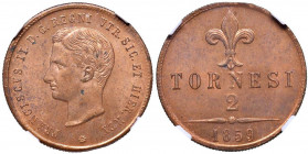 NAPOLI Francesco II (1859-1860) 2 Tornesi 1859 - Magliocca 812 CU Conservazione eccezionale in rame rosso, in slab NGC MS64RB 5745251-005

 

FDC