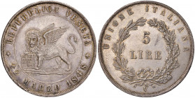 VENEZIA Governo Provvisorio (1848) 5 Lire 1848 22 Marzo - Gig. 2 AG (g 24,99) Colpetti al bordo, minimi graffietti da lucidatura, comunque un bell’ese...