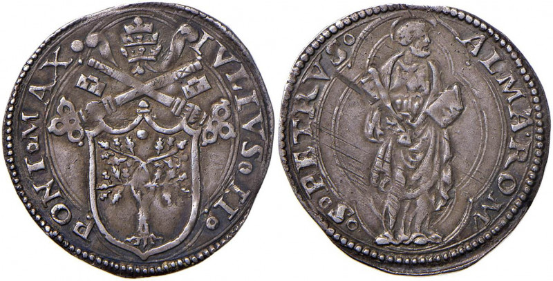 Giulio II (1503-1513) Mezzo giulio - Munt. 37 AG (g 1,87) RR Graffietti nel camp...