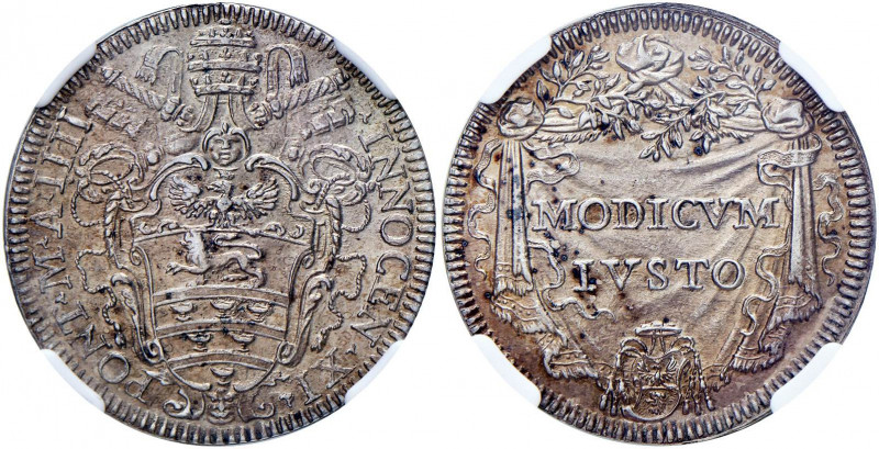 Innocenzo XI (1676-1689) Giulio A. IIII - Munt. 154 AG RR In slab NGC AU 58 cod....