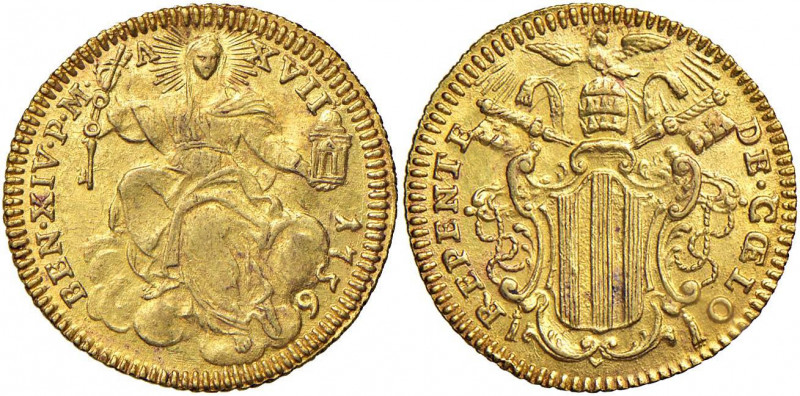 Benedetto XIV (1740-1758) Zecchino 1756 A. XVII - Munt. 191 AU (g 3,38)

 

...