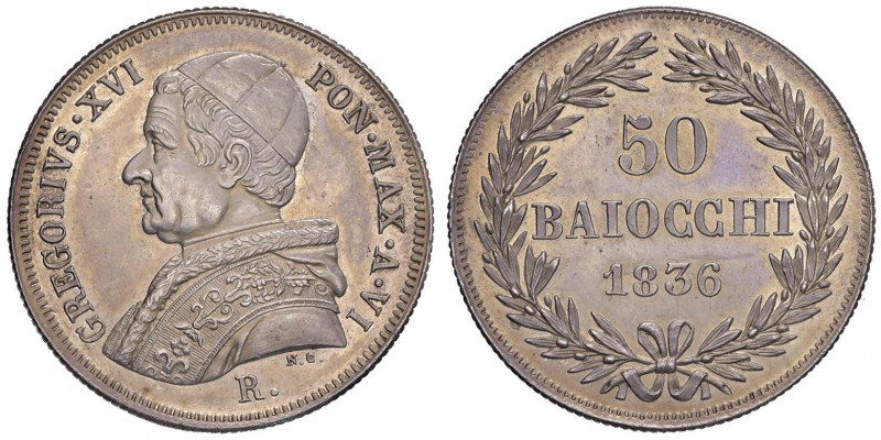 Gregorio XVI (1831-1846) 50 Baiocchi 1836 A. VI - Nomisma 432 AG (g 13,34) R Ins...