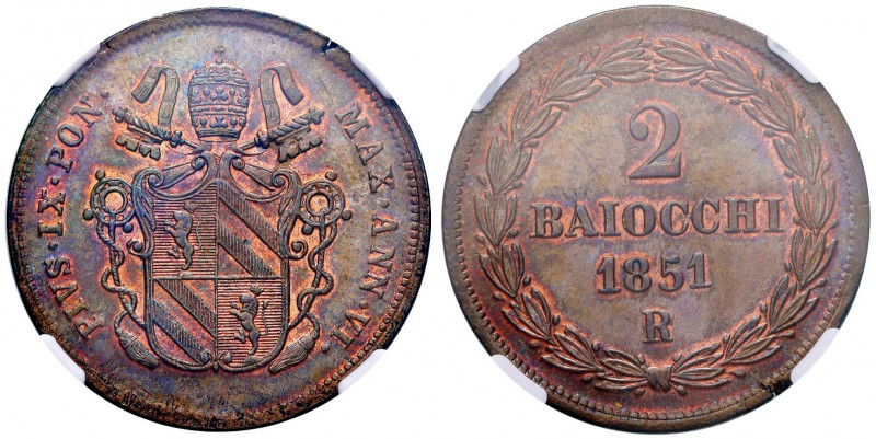 Pio IX (1846-1878) 2 Baiocchi 1851 A. VI - Nomisma 791 CU In slab NGC MS 65 BN c...